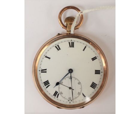 A 9ct gold open faced  pocket watch, enamel dial, dial diameter approx 44mm, Roman numerals, total gross weight approx 80gms,