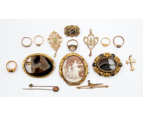 An Edwardian 15ct pendant set, pearls and peridot, another similar three pinchbeck brooches, a 15ct enamel pheasant brooch et