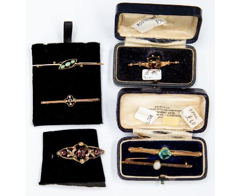 Six Victorian / Edwardian 9ct pin brooches, diamonds / garnets, opal and pearl