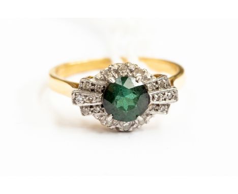 An Art Deco green tourmaline and diamond set ring, 18ct gold, size K½, gross weight approx 3.1gms