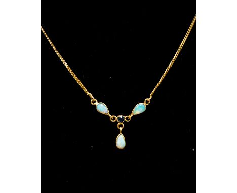 A yellow metal opal and sapphire necklace, total weight approx 1.8gms