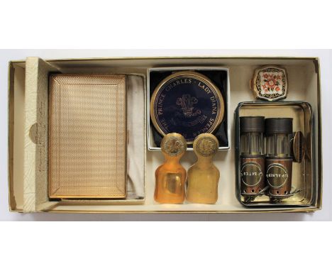 Two miniature miners lamps, Bates and Palmer, tea caddy, spoons, Worthington advertising, Railway Service badge, powder compa