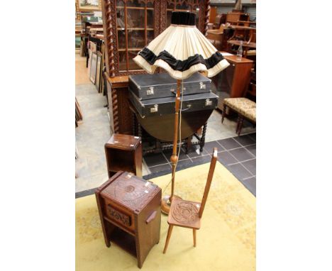 A Prie Diu chair, oak sewing stand and small oak bookcase together with a standard lamp (4)