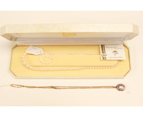 A 9ct gold chain and a yellow metal and enamel photograph locket together with a single string of Lotus simulated pearls with