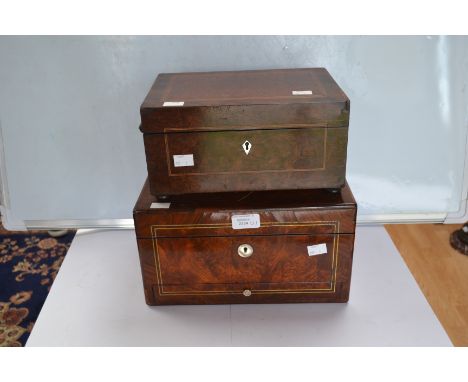 Burr walnut and walnut sewing / writing boxes, one with nose ring handles and one with bottom drawer