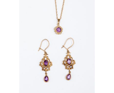 Amethyst 9ct gold pendant with chain and matching earrings 