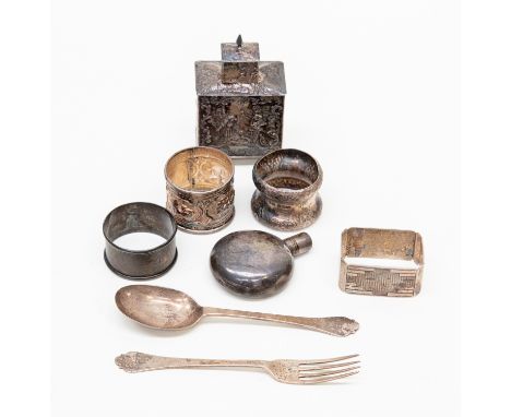 An imported miniature silver tea caddy and other silver napkin rings etc (parcel lot)