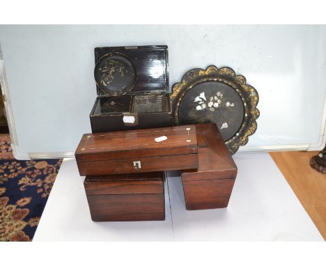 Rosewood work box A/F, mahogany tea caddy, glove box and contents, Japanese tea caddy, two mid 19th Century papier mache plaq