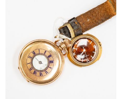 A Dennison gold plated half hunter pocket watch, white enamel dial, Roman numerals, subsidiary seconds dial (af); a Timex 197