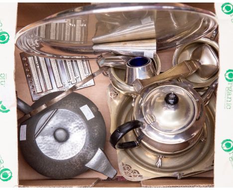 Eleven pieces of silver plate, including pewter teapot (11)