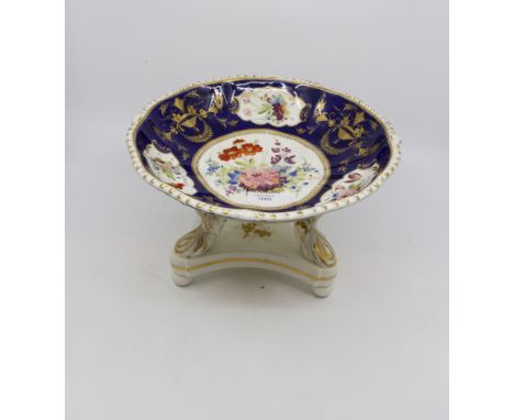 A 19th Century Denby fruit comport circular bowl, on tripod stand with branch supports, blue ground with central floral decor