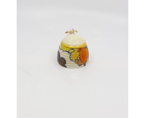 Clarice Cliff for Newport Pottery, a small Orange Autumn beehive honey pot, Bizarre marks, 7.5 cm highCondition: Lid restored