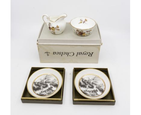 Royal Worcester pin trays, The Schooner, John Slater plus a Royal Chelsea milk jug and sugar bowl