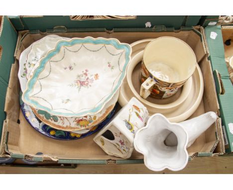 A Clarice Cliff buff glazed posy holder; a Derby porter mug; a Derby lozenge shaped dish; various tin glaze pieces (some dama