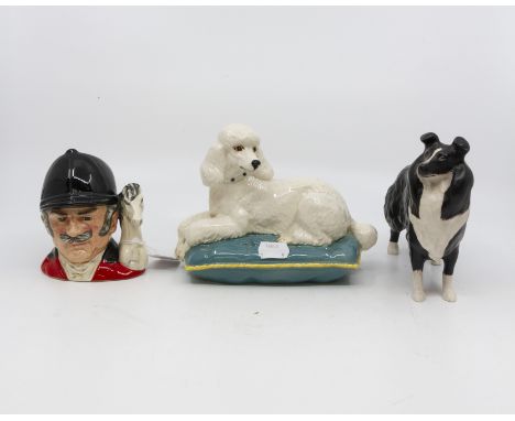 Beswick poodle and collie dogs, plus Royal Doulton 'The Master' character jug, plus two oval hunting and racing scene plates 