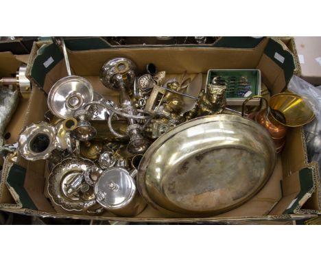A collection of assorted brassware and silver plate, including teapots, copper jug, including Roundtrees teapot, plus white m