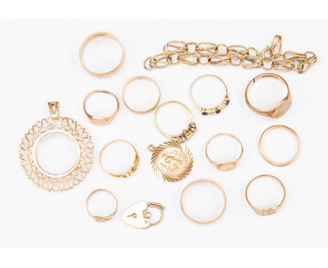 Quantity of 9ct gold jewellery, total gross weight approx 39.7gms; together with an 18ct three stone diamond ring (2gms); an 