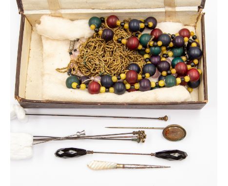 Vintage beads, AF, a 19th Century seal Intaglio mounted as cravat pin, a double end, cravat clasp faceted black glass crochet