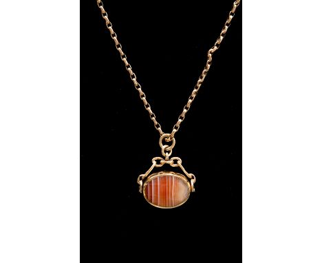 A 9ct gold double swivel fob, banded agate and moss agate on a 9ct gold link chain, combined total gross weight approx. 23.6g