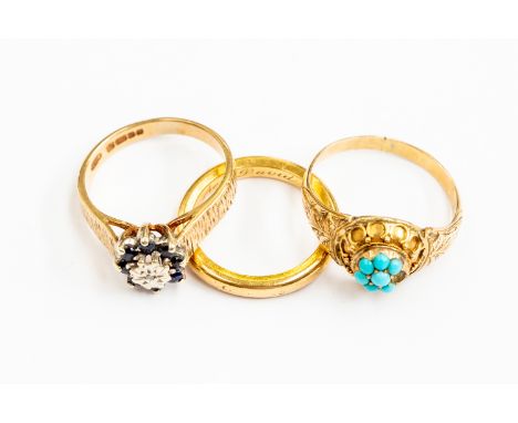 A Victorian turquoise set ring, size N, tests as 9ct, total gross weight 2.2gms; a 9ct gold diamond chip and sapphire ring, s