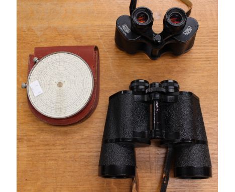 A Fowlers Magnum long scale calculator, in leather case, together with two Zeiss "Jena" binoculars 10 x 50 w and 8 x 30 w, bo