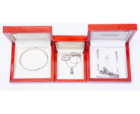 A collection of silver jewellery to include 'Hot Diamonds' jewellery comprising diamond set bangle, pendant earrings, cross.