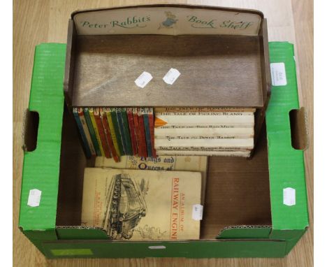 Peter Rabbit's Book Shelf, wooden construction with paper label, housing 18 vintage Beatric Potter books (not first or early 