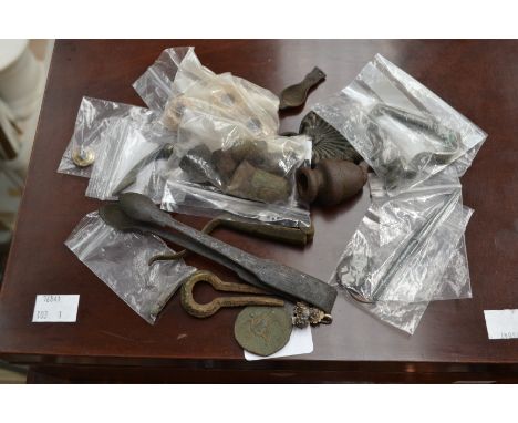 Tudor chafing dish handle, Georgian nut crackers/sugar snips, Medieval spindle whorls, thimbles, Medieval casket key, furnitu