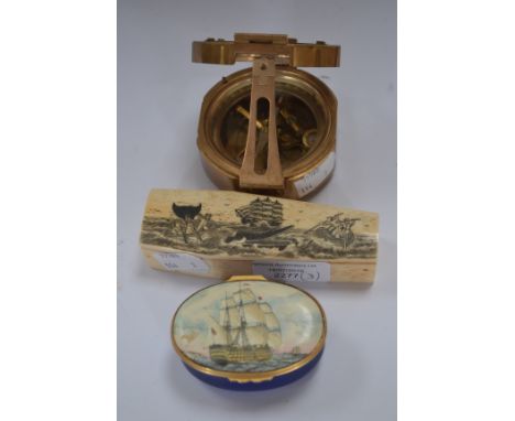 Reproduction brass 20th Century compass faux ivory coffin and modern pill box of Victory