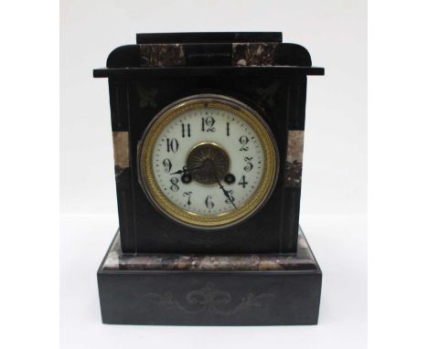 A marble cased clock with enamel dial, with key