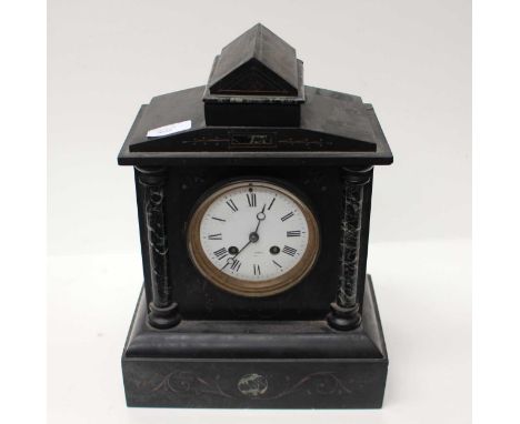 French Victorian black slate clock, Roman numerals white enamel faceBack door cannot be opened so interior cannot be inspecte