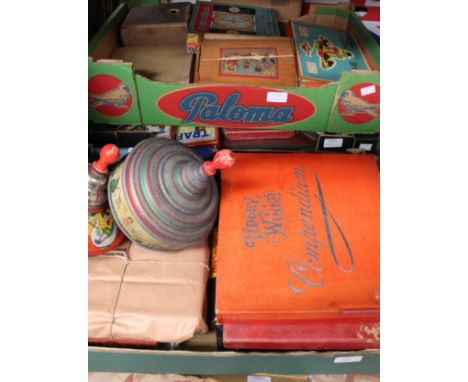 Three boxes of assorted toys and games to include: Lott's Bricks, Tidley Winks, jigsaws, Bagatelle etc. (three boxes + board)