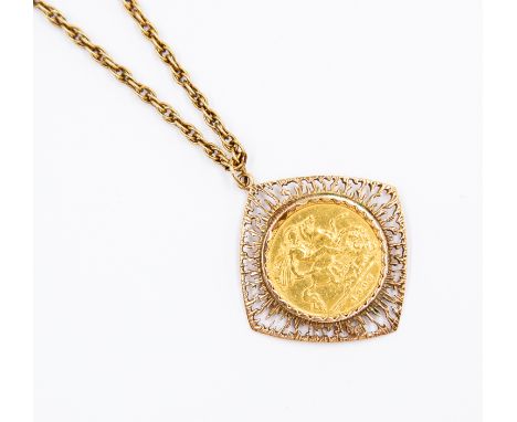 A gold ½ sovereign 1908, in 9ct mount approx 6.6gms gross; on yellow metal chain, tests as approc 14k, total gross weight app