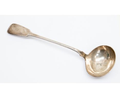 A George IV silver fiddle pattern soup ladle, the handle engraved with a crest, William Eaton, London 1829, approx. 7 ozt 