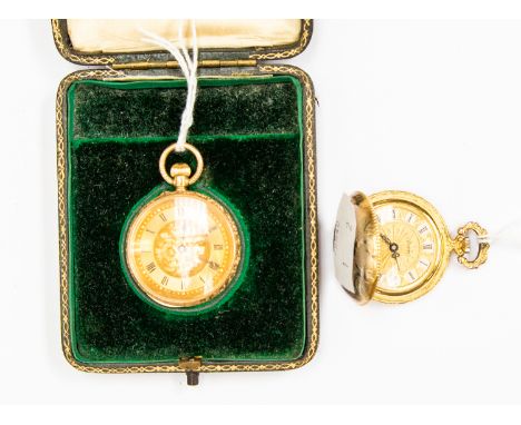 A 19th Century 15ct gold cased pocket watch, the engraved dial with polished chapter ring, Roman numerals, in original leathe