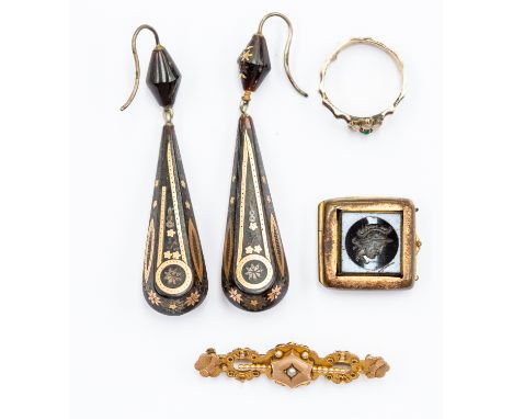 A pair of 19th century gold pique tortoiseshell drop earrings; an early 19th Century memorial ring, tests as approx 9ct, with