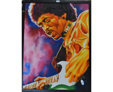 Hector "Monrock" Monroy (Mexican, Contemporary), oil on canvas, portrait of Jimi Hendrix playing guitar. Signed. Approx. 80.5