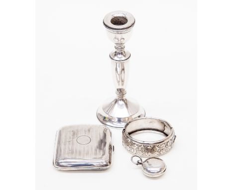A sovereign fob, Birmingham 1904, cigarette case, bangle and weighted candle stick, 