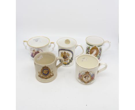 Royal Commemorative mugs; Elizabeth II Coronation by Midwinter, Queen Mothers 80th Birthday, George VI Coronation