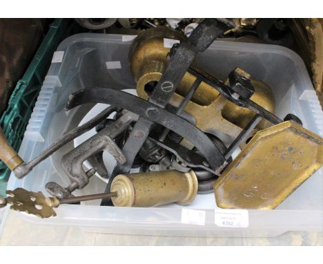 A collection of metal ware including brass warming pan; gilt metal lamp stands; early 20th Century weighing scales; various b