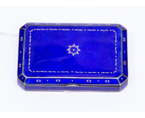 An Austro Hungarian silver gilt and enamelled box, Royal blue guilloché enamel with gold inlay within, faceted rectangular se