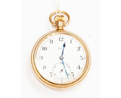 A Federal unmarked yellow metal open faced pocket watch, subsidiary dial, white enamel, dial diameter approx 43mm,  total gro