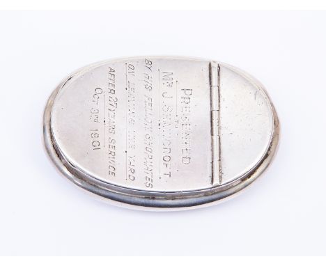 An Edwardian silver palm snuff box concave kidney type form with hinged lid, inscribed on the lid, hallmarked Chester 1901, m