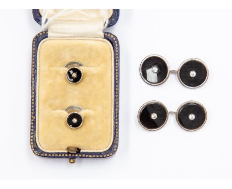 A pair of 18ct white gold, black enamel and diamond studs, in a fitted Selfridge London box, gross weight approx 2.8gms; a pa