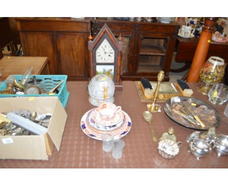 A mottled glass light shade; a 19th Century American mantel clock; various china plates etc.