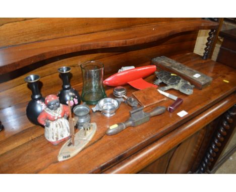 A brass cribbage board; a small model boat; an unusual twin handled wooden planer; a pair of floral decorated vases etc. 