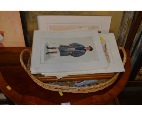 A basket of unframed pictures and prints; a puzzle etc. 