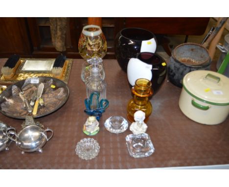 A quantity of various glassware to include two art glass vases; decanter and stopper; two Royal Albert figures AF etc.