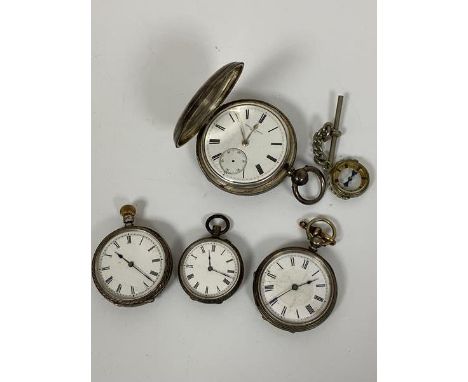 Three various lady's silver cased engraved Edwardian open faced pocket watches with roman numerals (largest d. 4cm) and a Tho