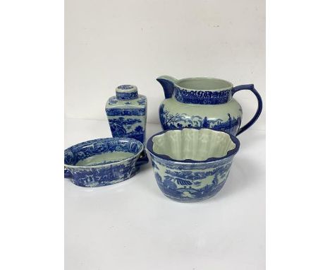 An oversized reproduction Ironstone jug decorated with transfer printed design (23cm x 34cm x 24cm), a similar tapered cylind